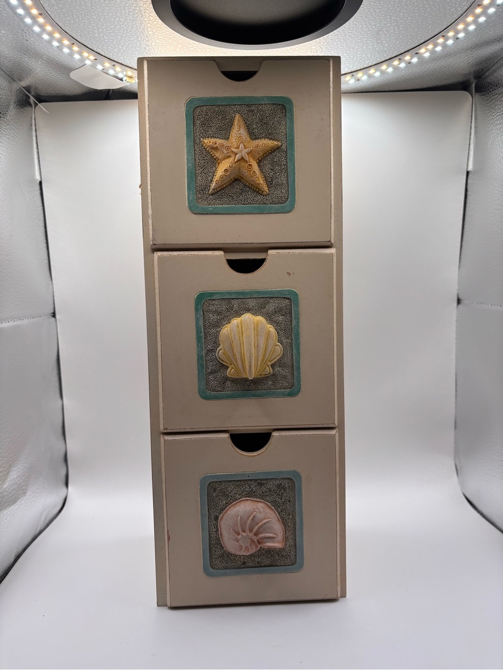 Small Beach-Themed 3-Drawer Wooden Organizer - Neutral & Teal Accents